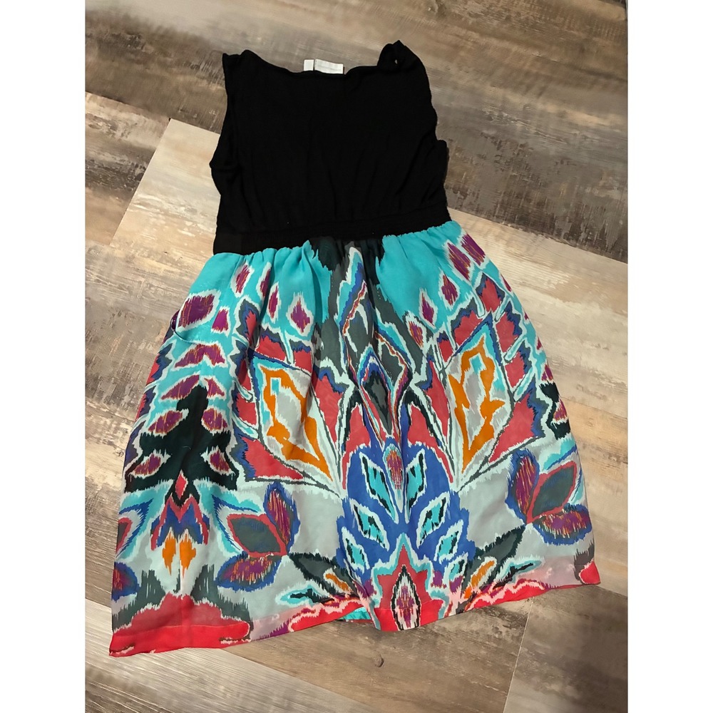 New York & Company Sleeveless Ikat Print Fit Flare Dress Black Multi Color L - Picture 4 of 4